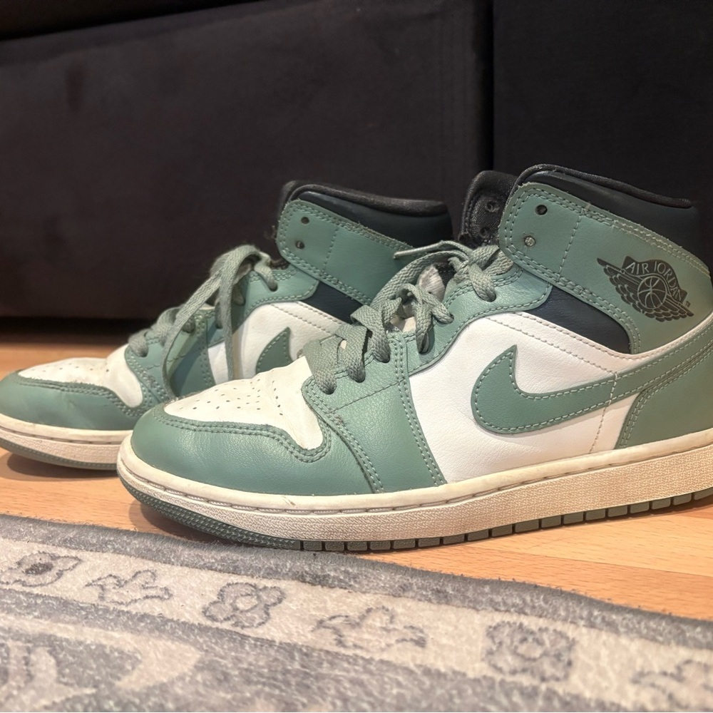 Green and White Jordan 1s High-Top Sneakers